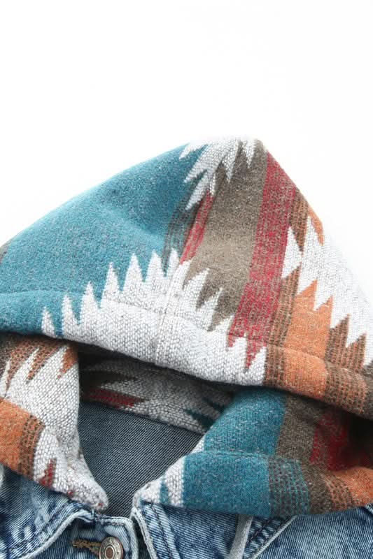 Geometric Print Frayed Hem Denim Jacket - Love Salve